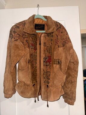 Vintage Suede Jacket w/ Pattern Detail – 90s Southwestern Style
